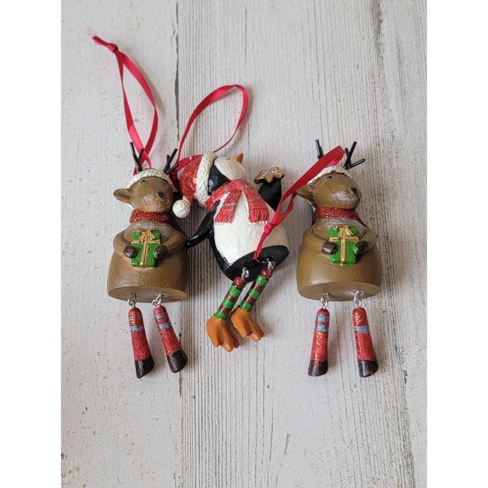 Penguin reindeer set glitter gingerbread cookie‎ dangling feet ornament Xmas